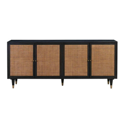 Black Rattan Cabinet With Doors And Brass Accents, A Boho Media Console