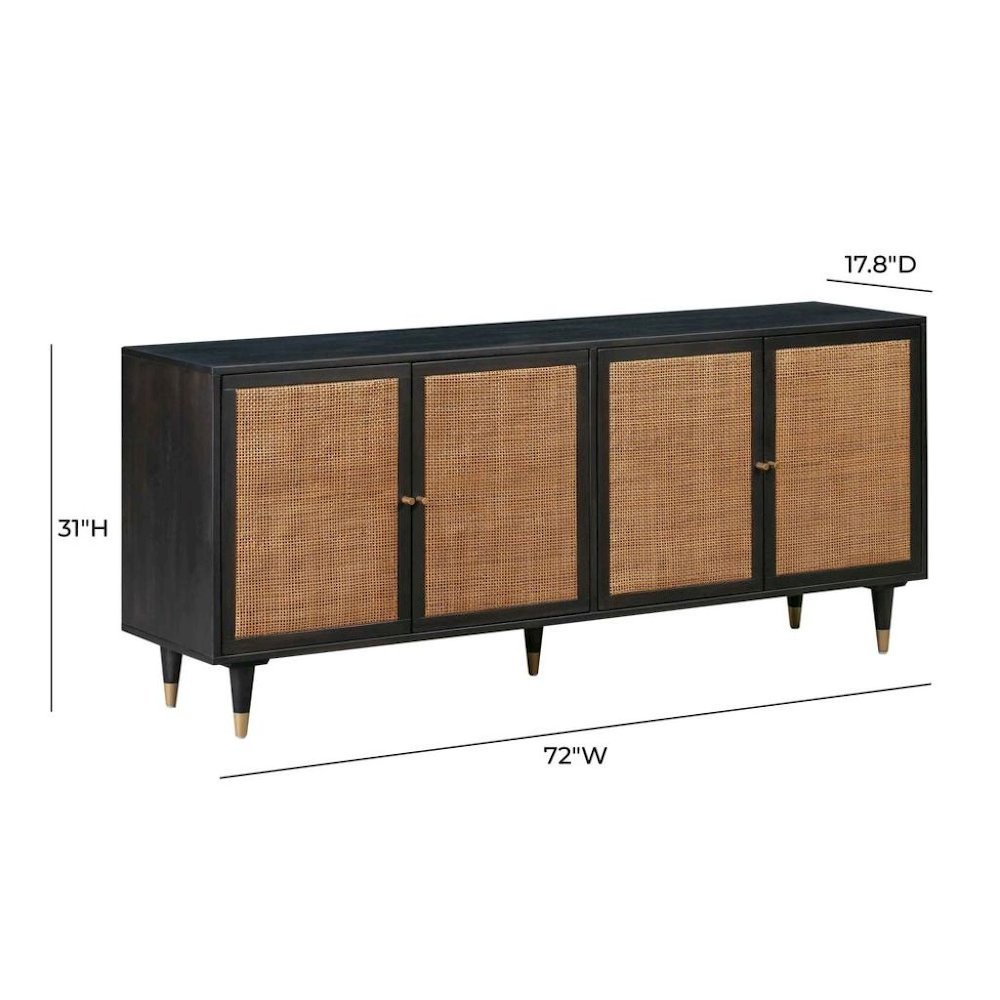 Black Rattan Cabinet With Doors And Brass Accents, A Boho Media Console