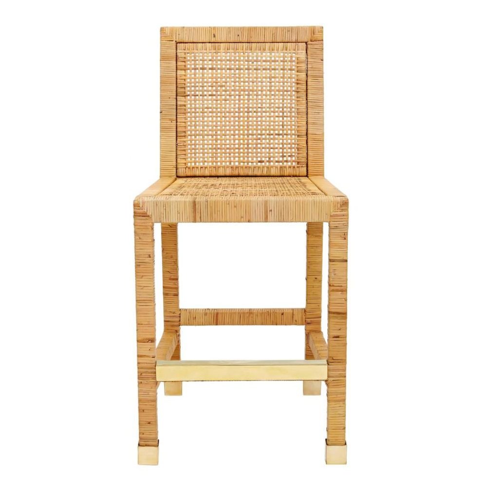 Rattan Counter Stool With White Fabric Seat And Light Wood Framed Back