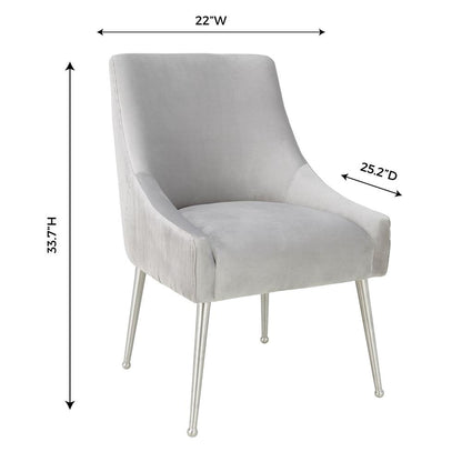 Beatrix Pleated Light Grey Velvet Side Chair - Silver Legs