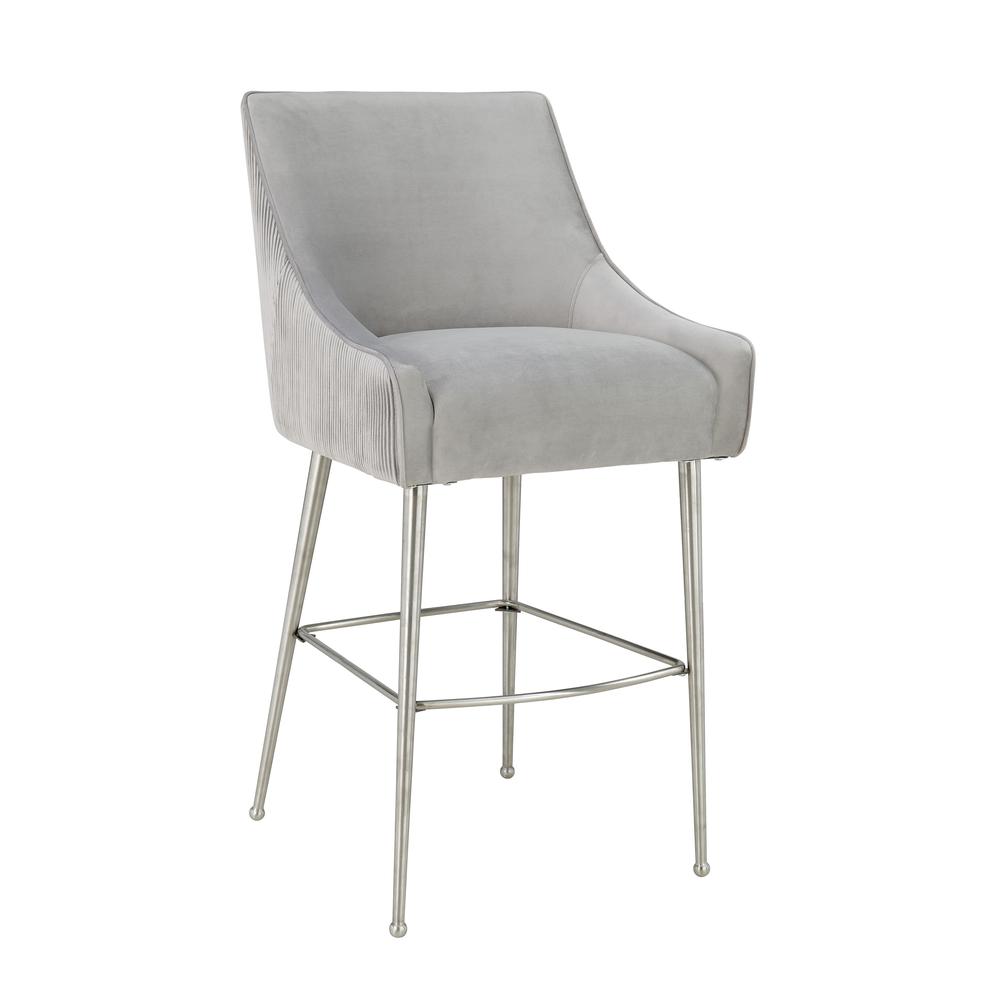 Beatrix Pleated Light Grey Velvet Bar Stool