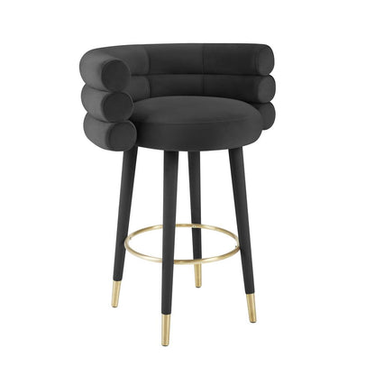 Black velvet barstool with gold metal legs, modern design, 36.6-inch height