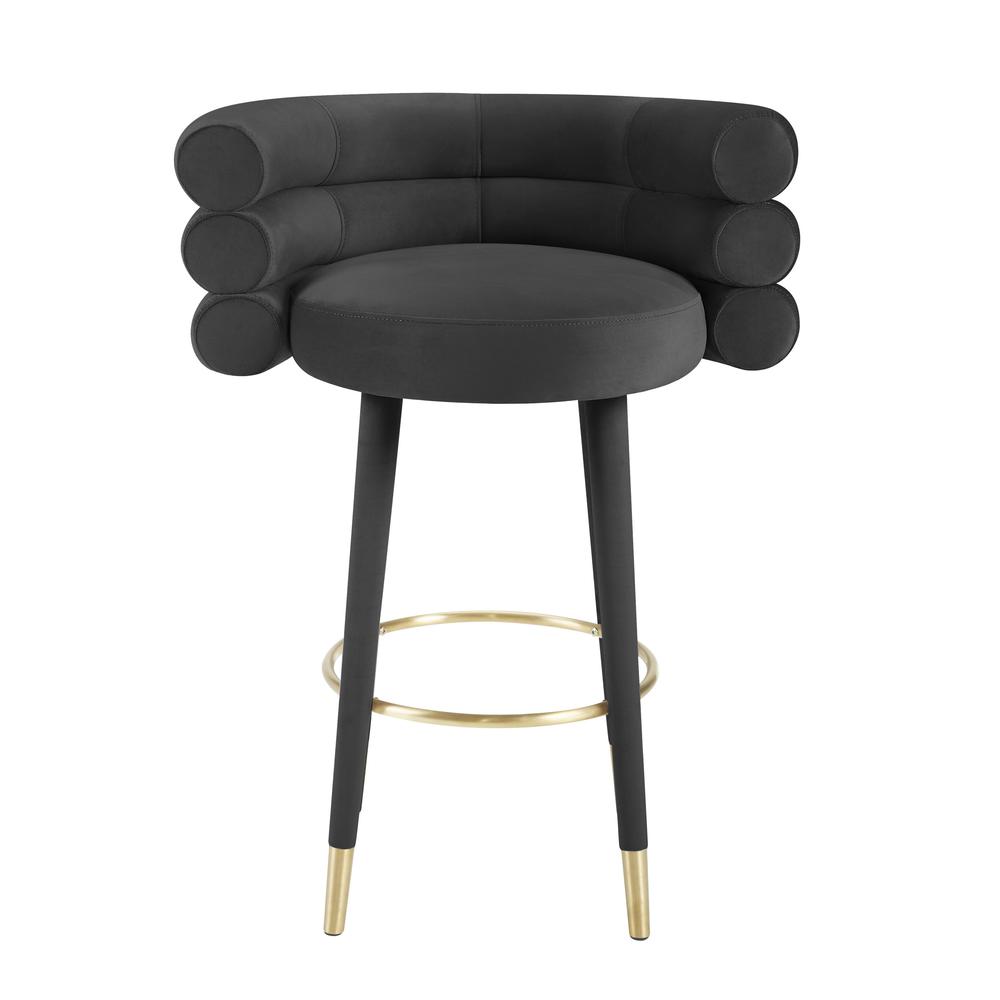 Black velvet barstool with gold metal legs, modern design, 36.6-inch height