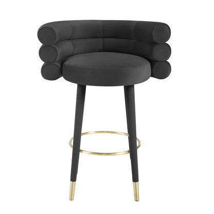 Black velvet barstool with gold metal legs, modern design, 36.6-inch height