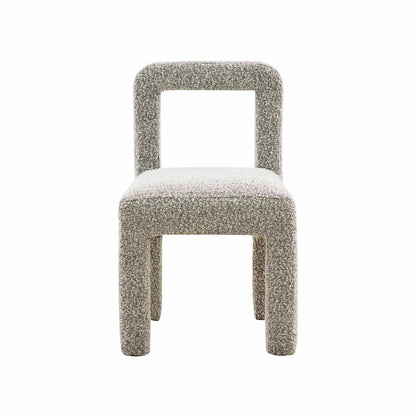Gray boucle fabric dining chair with fiber-wrapped foam seat and plywood support