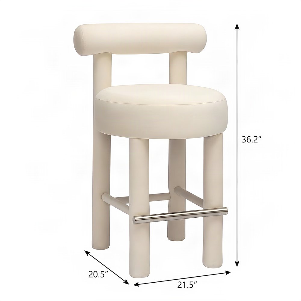 Velvet-Upholstered Counter Height Bar Stool with Rubberwood Legs, Cream