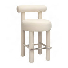 Velvet-Upholstered Counter Height Bar Stool with Rubberwood Legs, Cream