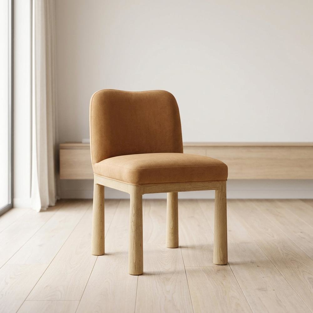 Tiara Velvet Upholstered Dining Chair with Oak Legs for Dining Room, Cognac