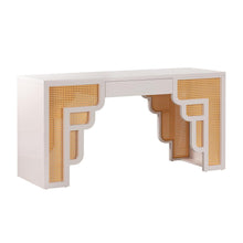 Cream and Rattan Executive Desk with Adjustable Shelf and Soft-Close Drawers