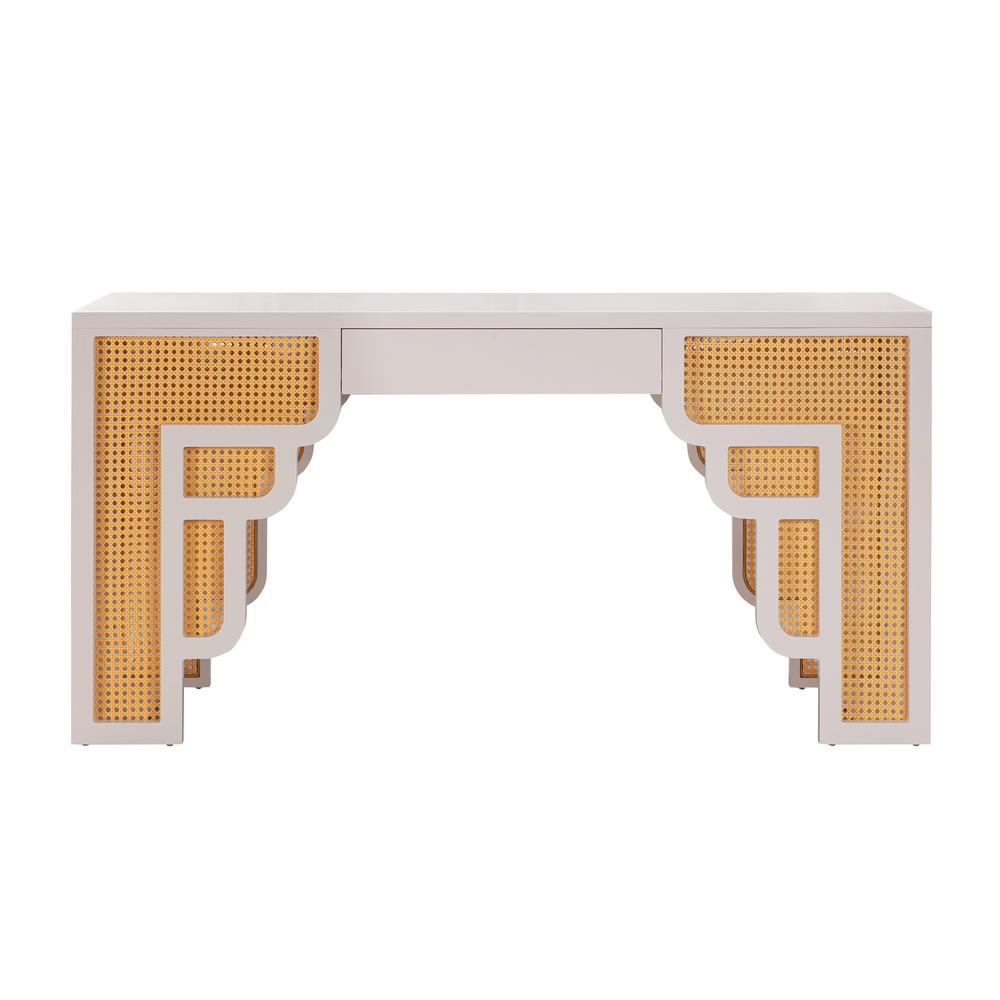 Cream and Rattan Executive Desk with Adjustable Shelf and Soft-Close Drawers