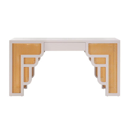 Cream and Rattan Executive Desk with Adjustable Shelf and Soft-Close Drawers