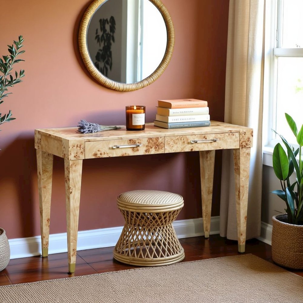 Brown Acacia Wood Writing Desk With 2 Drawers For Home Office Use