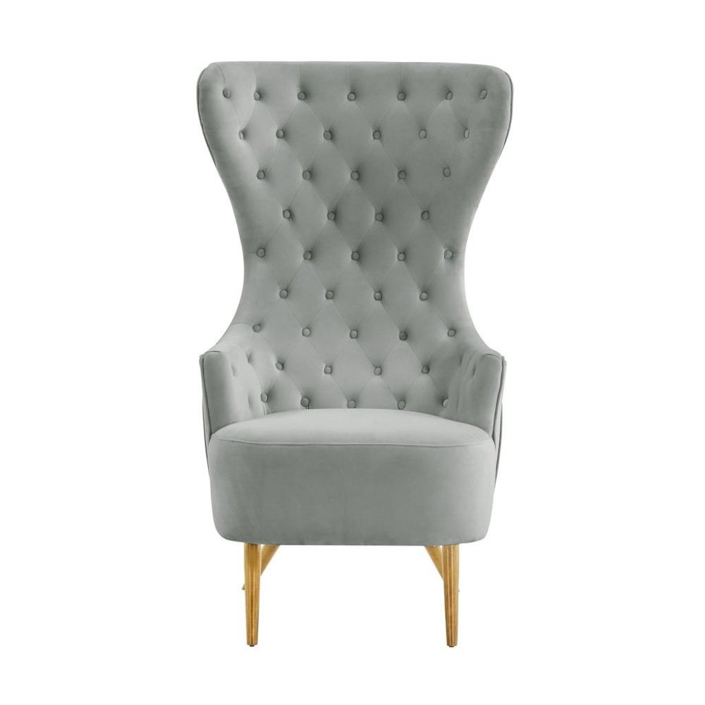 Gray Velvet Wingback Chair With Tall Back, Button Tufting, Gold Legs