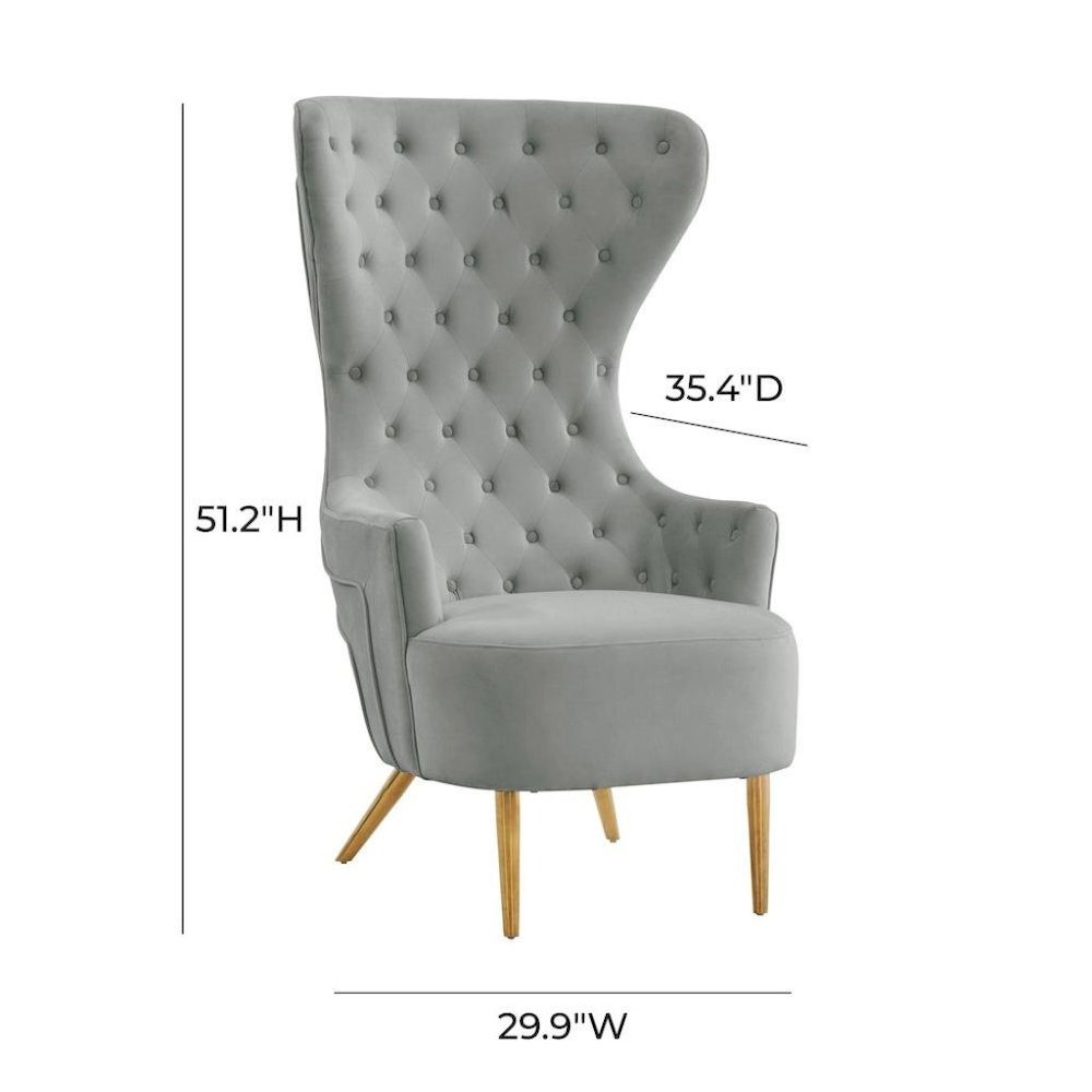 Gray Velvet Wingback Chair With Tall Back, Button Tufting, Gold Legs