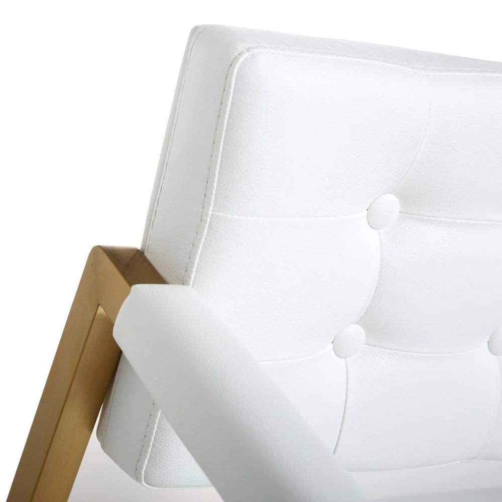 White Faux Leather Bar Stool With Gold Steel Frame And Back Support Arms