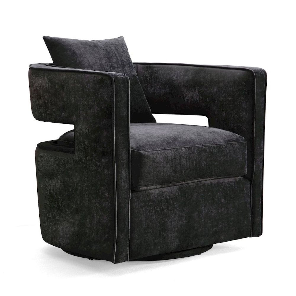 Black Velvet Swivel Accent Chair With Rounded Backrest For Living Spaces