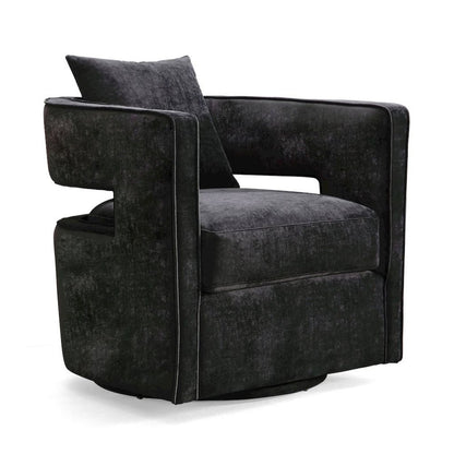 Black Velvet Swivel Accent Chair With Rounded Backrest For Living Spaces