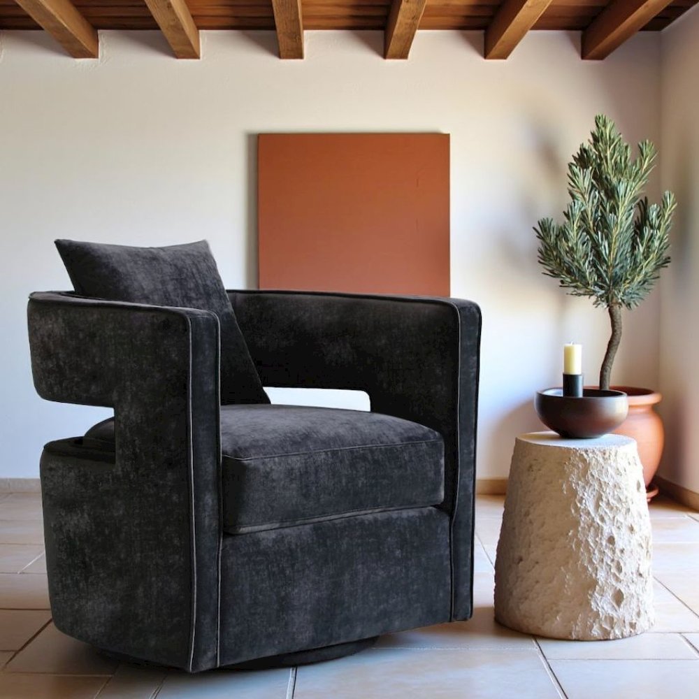 Black Velvet Swivel Accent Chair With Rounded Backrest For Living Spaces