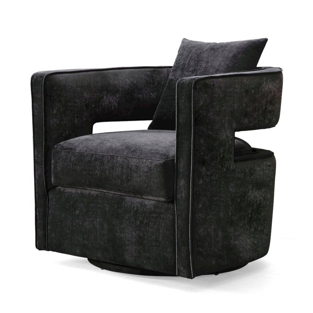 Black Velvet Swivel Accent Chair With Rounded Backrest For Living Spaces