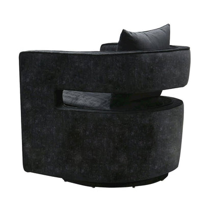 Black Velvet Swivel Accent Chair With Rounded Backrest For Living Spaces