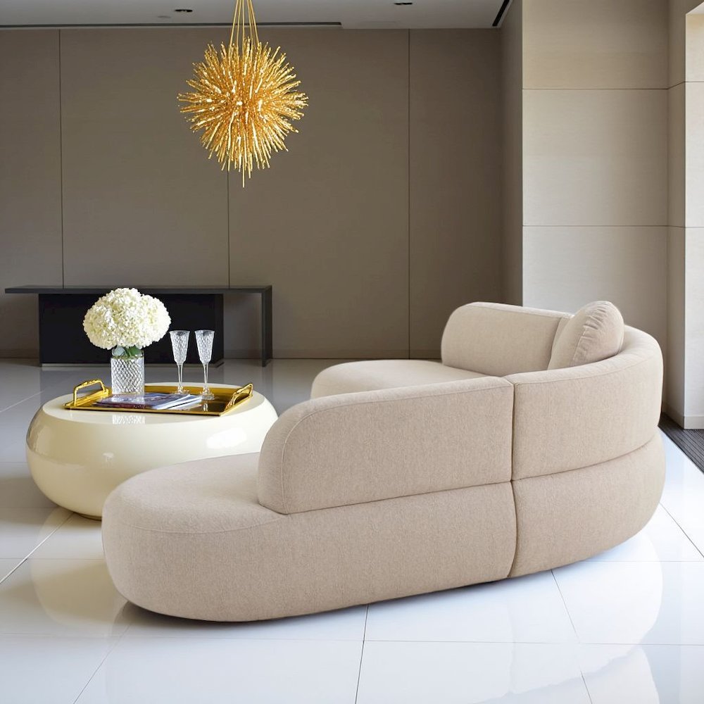 Beige Linen Sectional Sofa With Curved Frame, A Modern Couch For 4 People