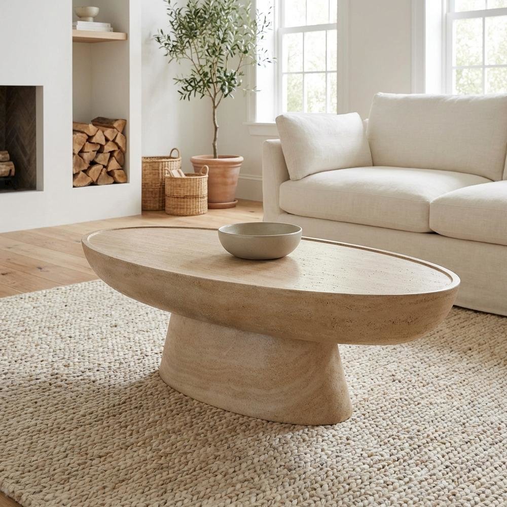 Travertine Concrete Coffee Table with Textured Faux Travertine Legs, Durable Surface