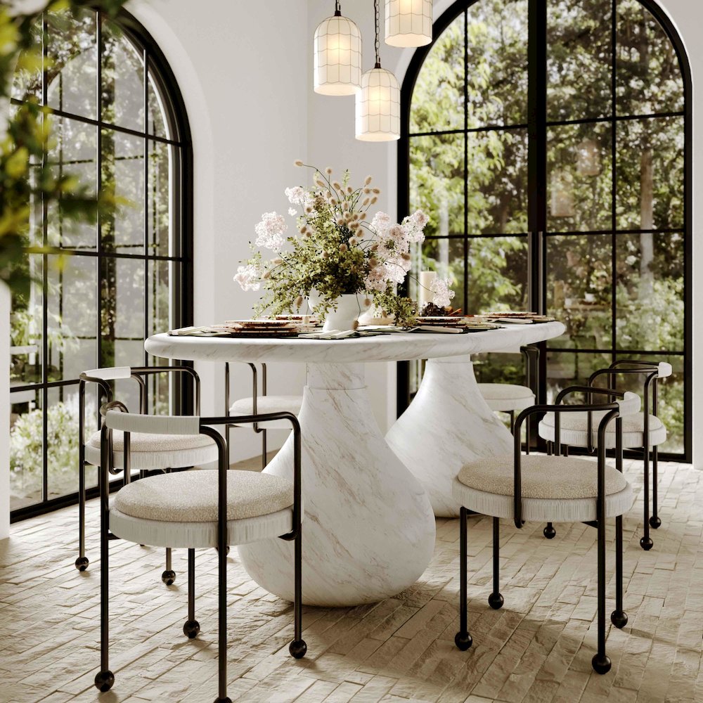 Smooch White Faux Marble Print Indoor / Outdoor 87 inch Oval Dining Table