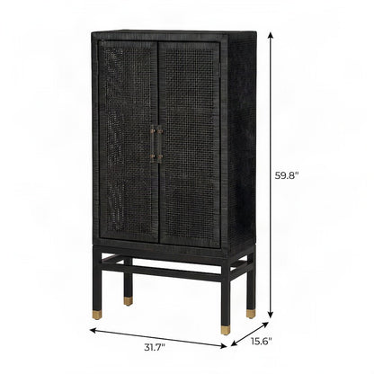 Woven Rattan Veneer Tall Accent Cabinet and Sideboard, Mahogany Legs, Charcoal