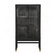 Woven Rattan Veneer Tall Accent Cabinet and Sideboard, Mahogany Legs, Charcoal