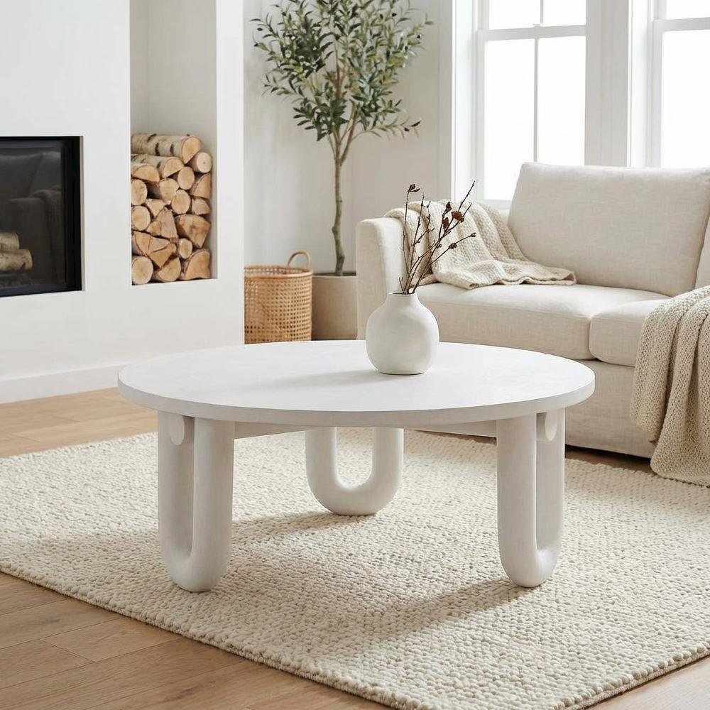 White Concrete Coffee Table with Solid Legs and 1-Piece Durable Design
