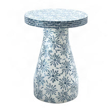 Shell-Inlay Floral Mosaic Side Table with MDF Base, Accent Nightstand, Blue