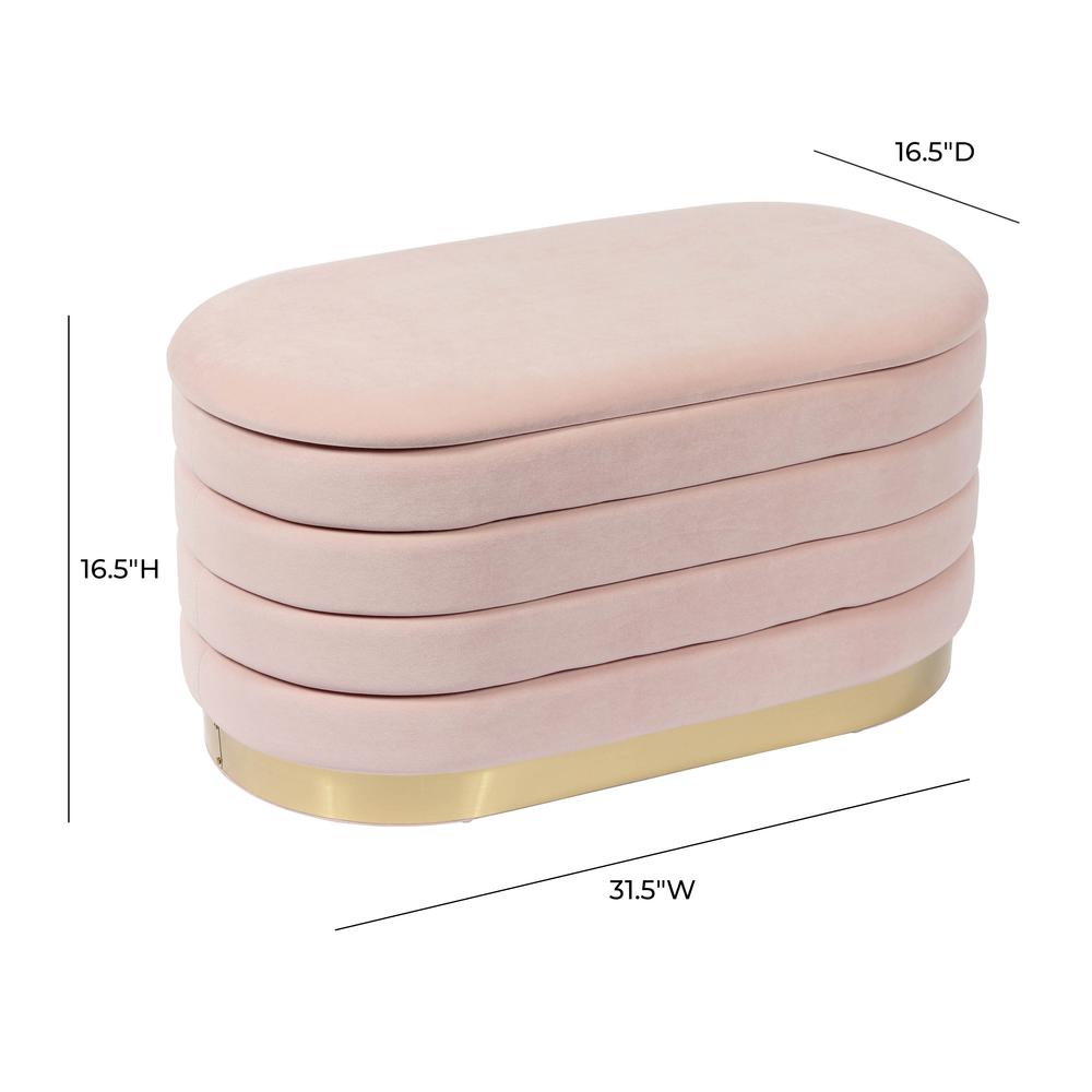 Pink velvet storage bench with gold legs, spacious seat and hidden storage