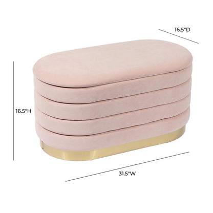 Pink velvet storage bench with gold legs, spacious seat and hidden storage
