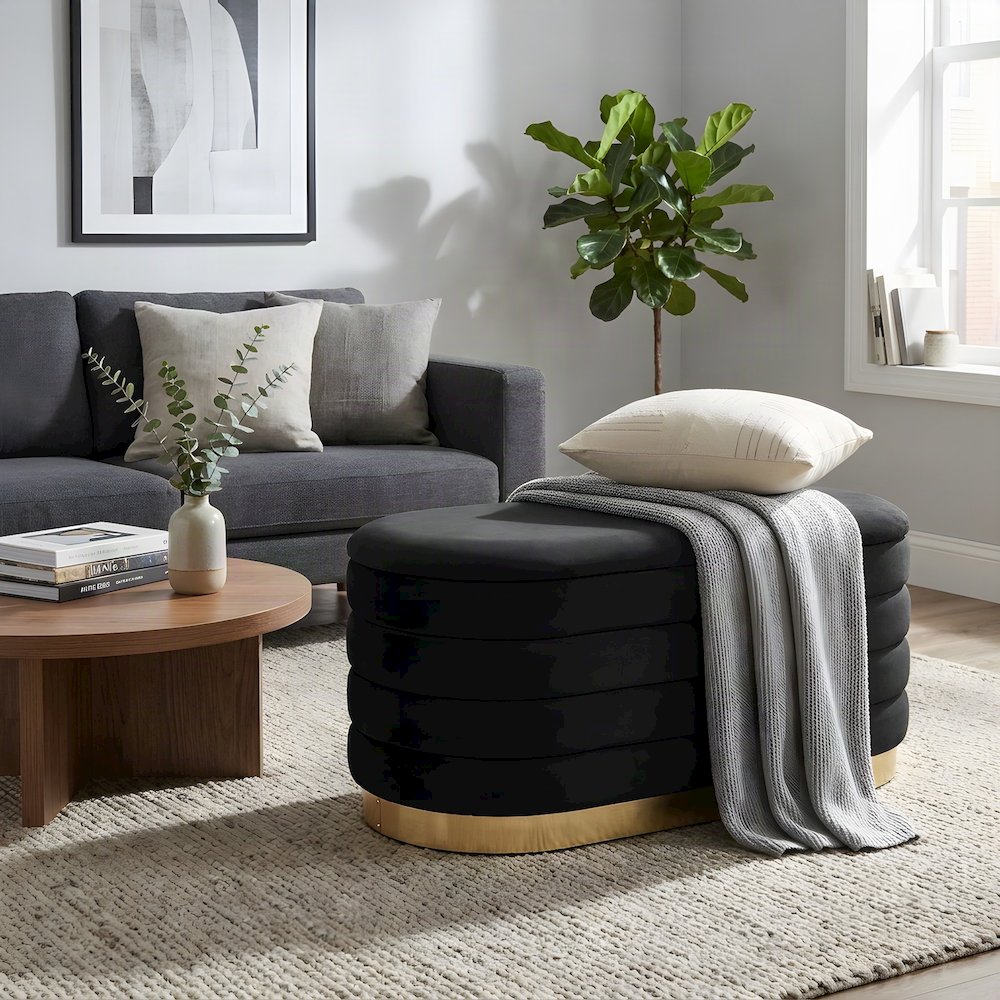 Velvet Upholstered Storage Bench, Ottoman with Hinged Lid