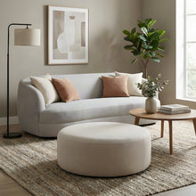 Linen-Upholstered Round Ottoman Foot Stool with Fiber-Wrapped Foam, Beige
