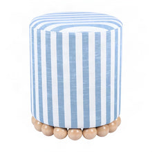Striped Linen Ottoman with Rubberwood Legs and Foam Padded Seat, Blue