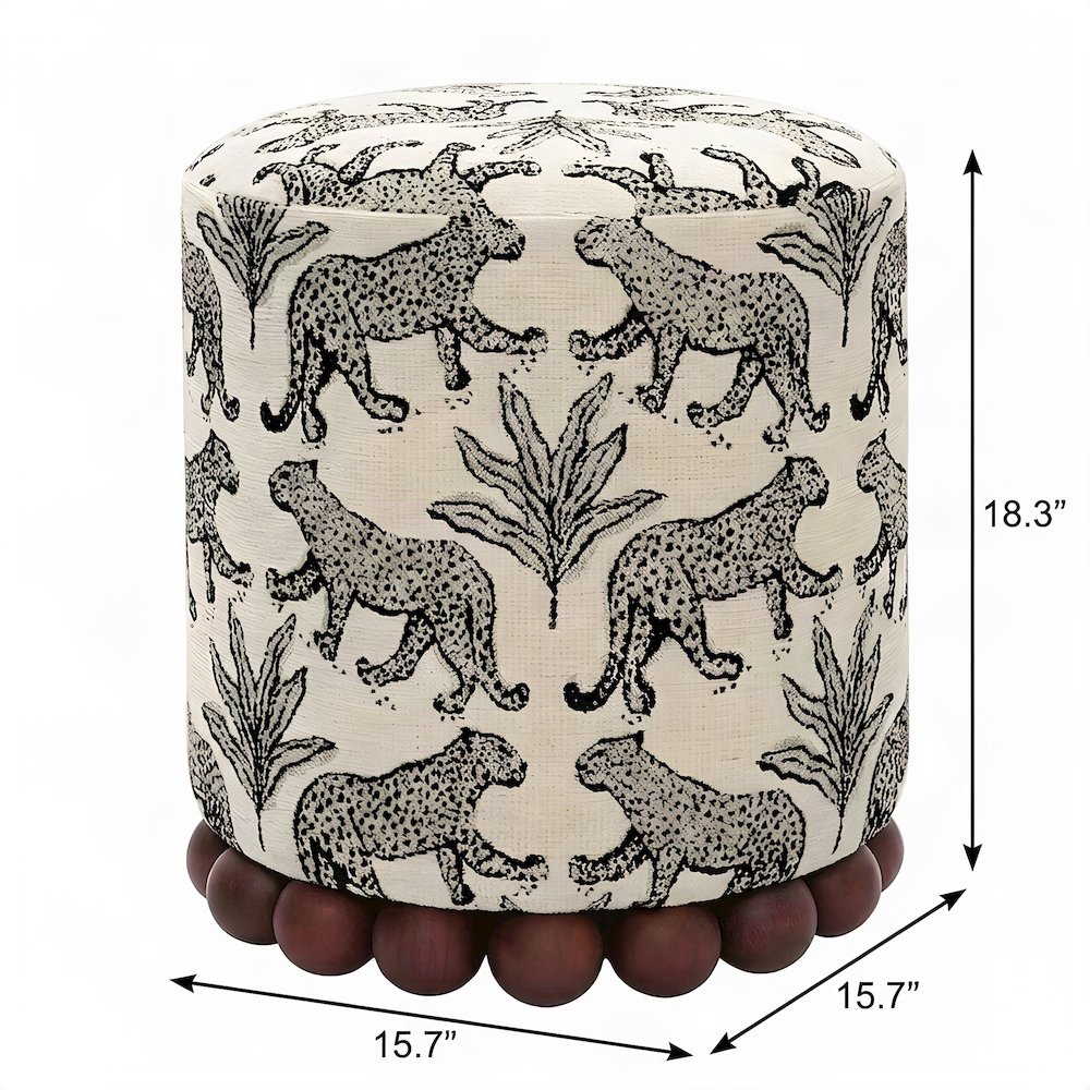 Leopard Jacquard-Upholstered Ottoman Footstool with Rubberwood Legs, Cream
