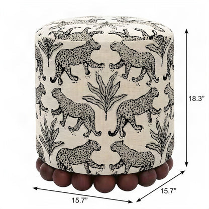 Leopard Jacquard-Upholstered Ottoman Footstool with Rubberwood Legs, Cream