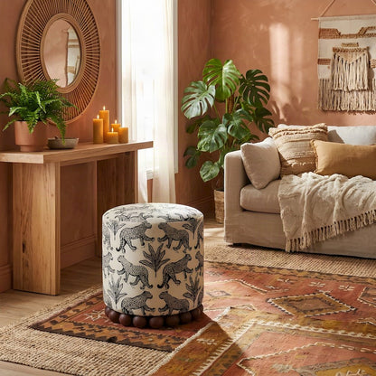 Leopard Jacquard-Upholstered Ottoman Footstool with Rubberwood Legs, Cream