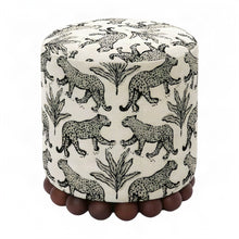 Leopard Jacquard-Upholstered Ottoman Footstool with Rubberwood Legs, Cream