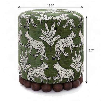 Jacquard Fabric Ottoman with Leopard-Patterned Upholstered Stool, Olive Green