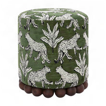 Jacquard Fabric Ottoman with Leopard-Patterned Upholstered Stool, Olive Green