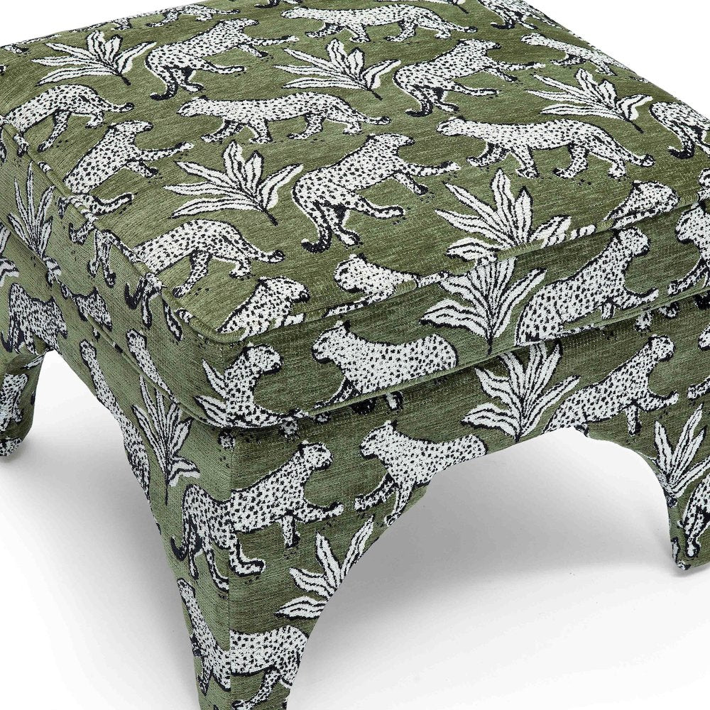 Raji Olive Green Leopard Jacquard Ottoman