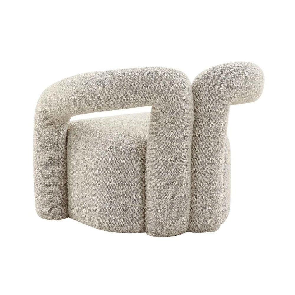 Gray Boucle Accent Chair With Sculptural Arms And Postmodern Silhouette