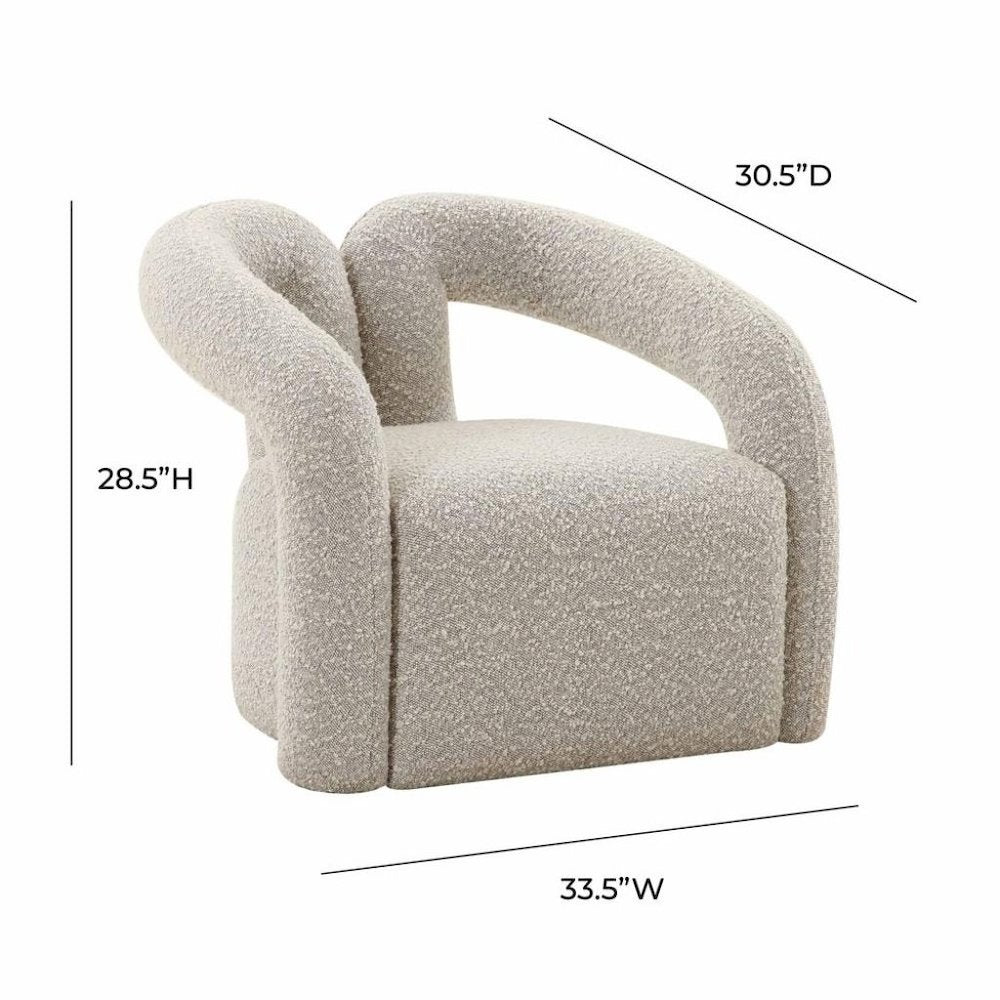 Gray Boucle Accent Chair With Sculptural Arms And Postmodern Silhouette