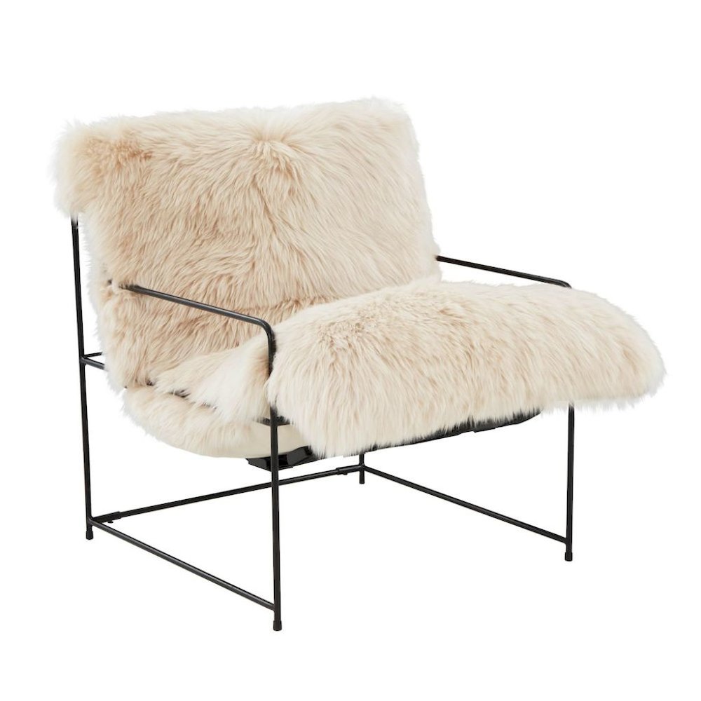 Beige Sheepskin Arm Chair With Black Iron Frame For Living Room Comfort