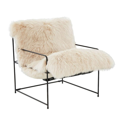 Beige Sheepskin Arm Chair With Black Iron Frame For Living Room Comfort