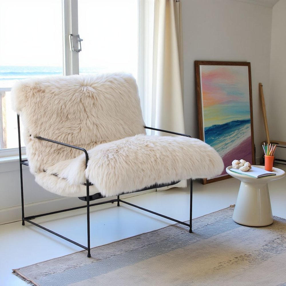 Beige Sheepskin Arm Chair With Black Iron Frame For Living Room Comfort