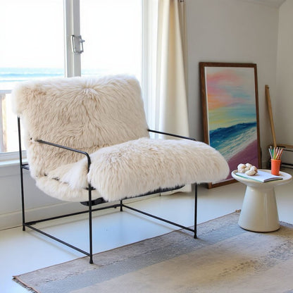 Beige Sheepskin Arm Chair With Black Iron Frame For Living Room Comfort