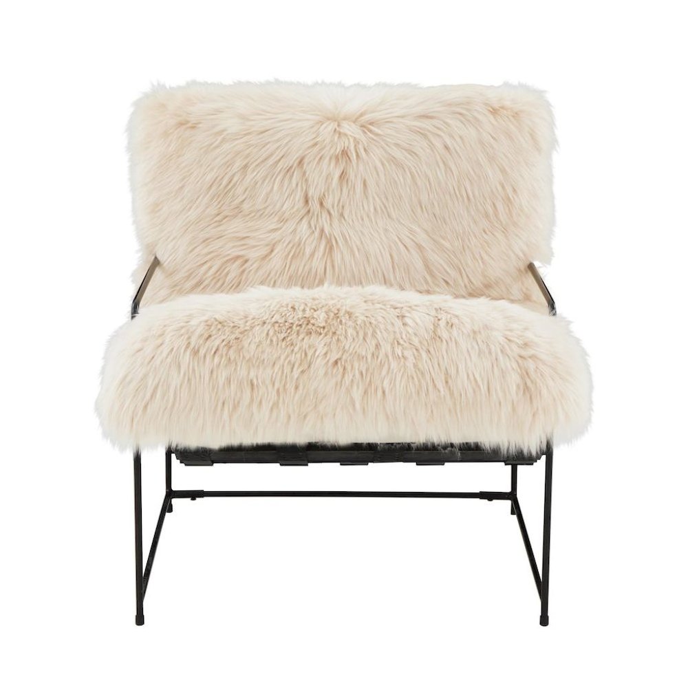 Beige Sheepskin Arm Chair With Black Iron Frame For Living Room Comfort
